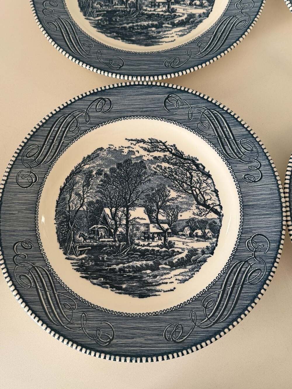 Currier & Ives Dinner Plates: Royal Ironstone Blue White Transferware, Set of 4 - Picture 2 of 4